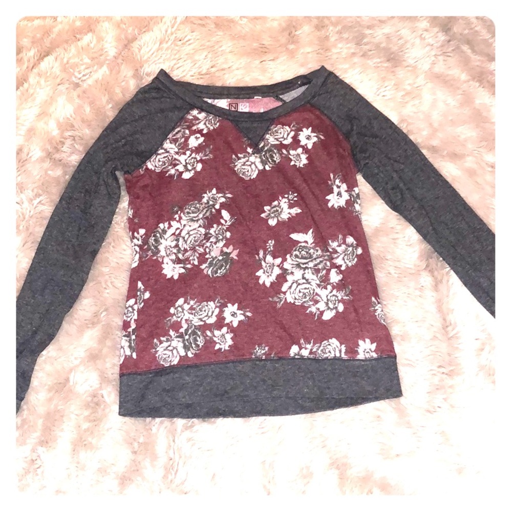 Red and grey floral long sleeved shirt